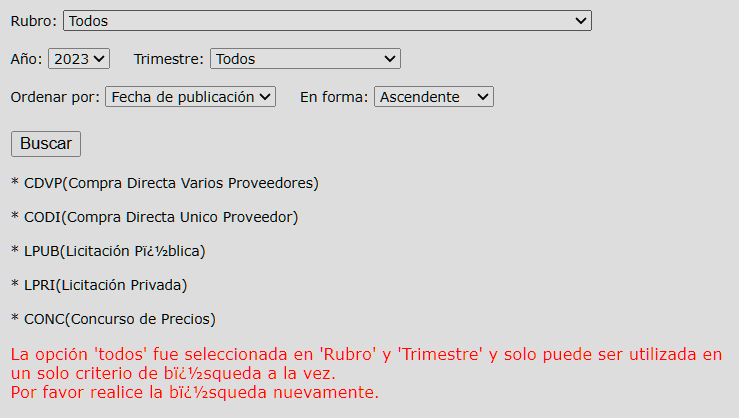 Portal de proveedores mostrando un error al buscar todos los trimestres de todos los rubros de las compras por el municipio